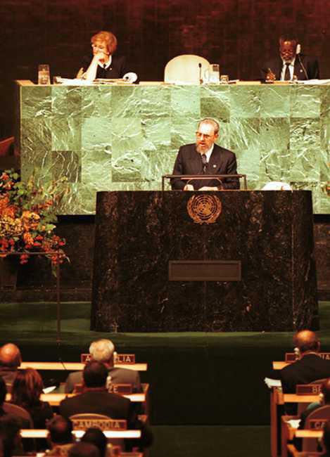 Fidel speaks before the United Nations in New York, on the inaugural day of the Millennium Summit, in September of 2000.